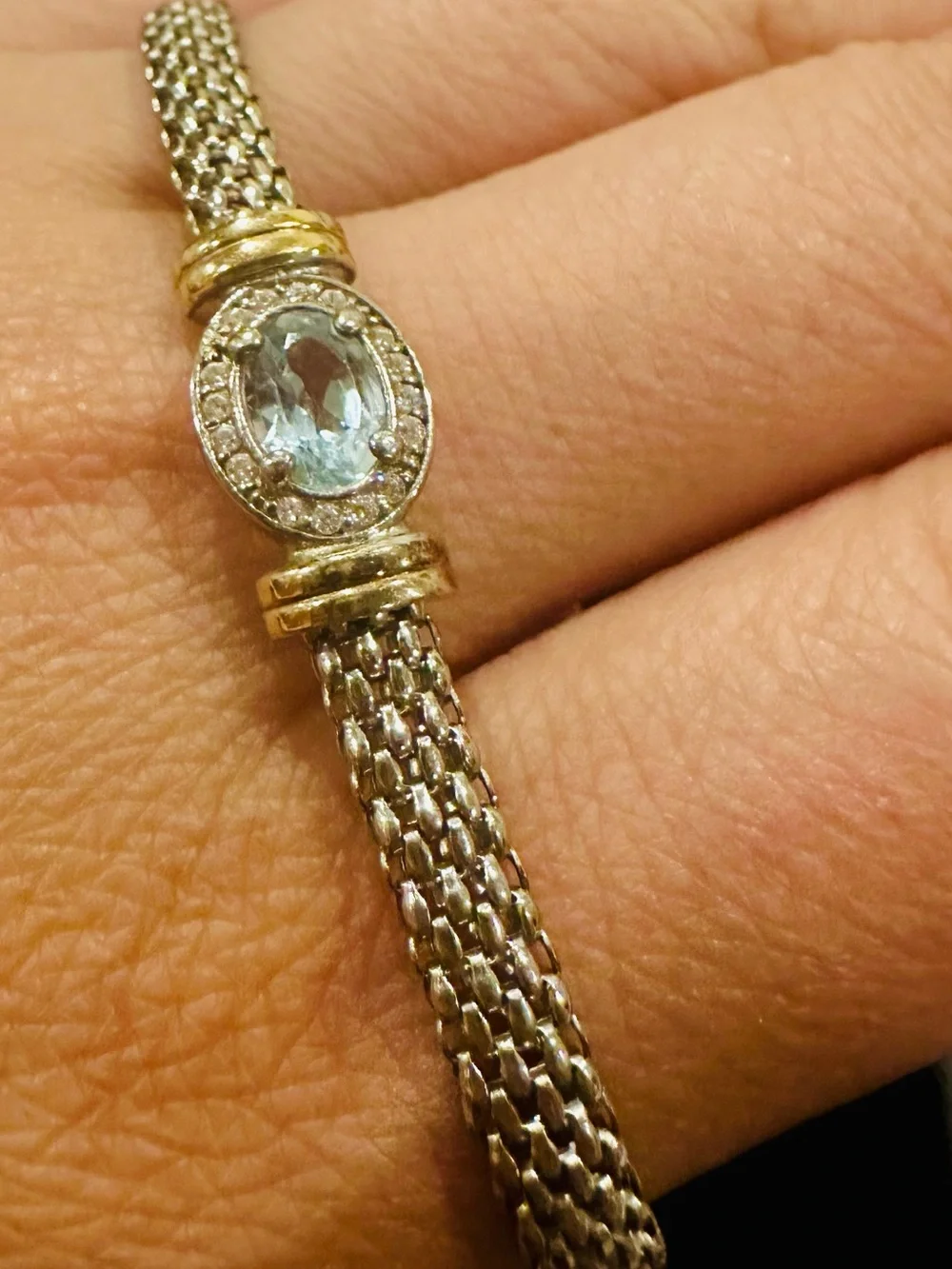 New 14K Solid Gold bracelet w Blue Topaz & 925 silver thick mesh bracelet
